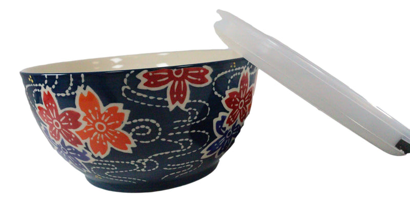 Ebros Set of 2 Ceramic Blue Cherry Blossoms Portion Meal Bowls 5 Cups Airtight Lid