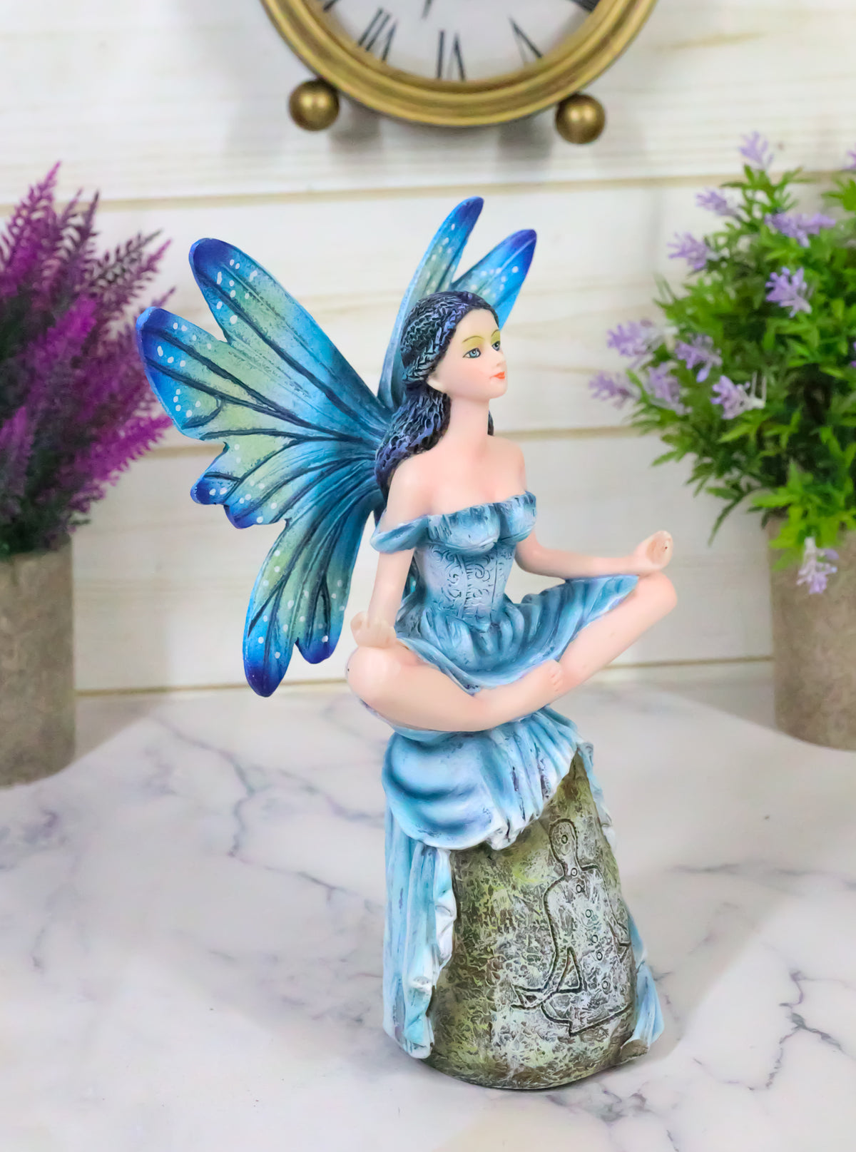 Fae Garden Zen Blue Dragonfly Fairy Meditating On Koan Yoga Rock Figurine
