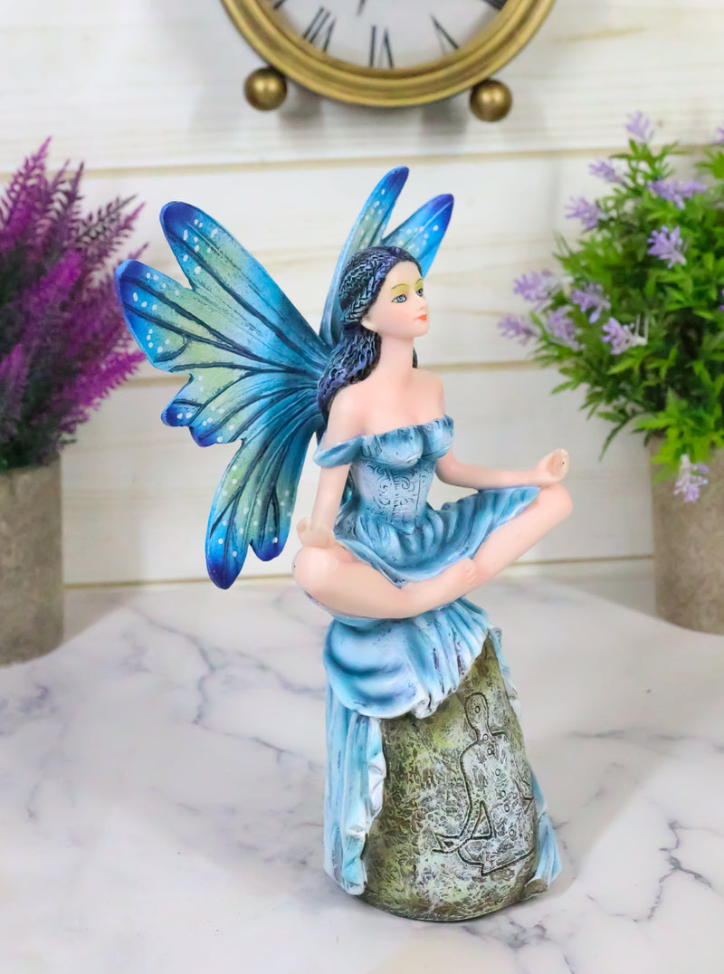 Fae Garden Zen Blue Dragonfly Fairy Meditating On Koan Yoga Rock Figurine