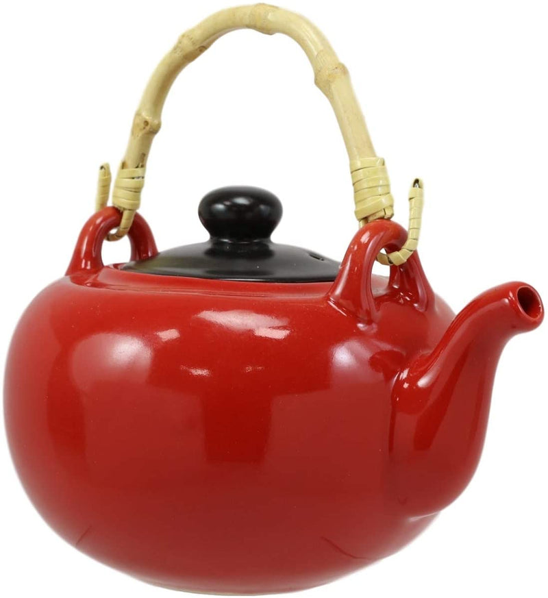 Chinese Art Calligraphy Red Porcelain 27oz Tea Pot With 4 Cups Set Asian Decor