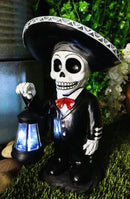 Day Of The Dead Skeleton Mariachi Singer Statue With Solar Powered Lantern LED