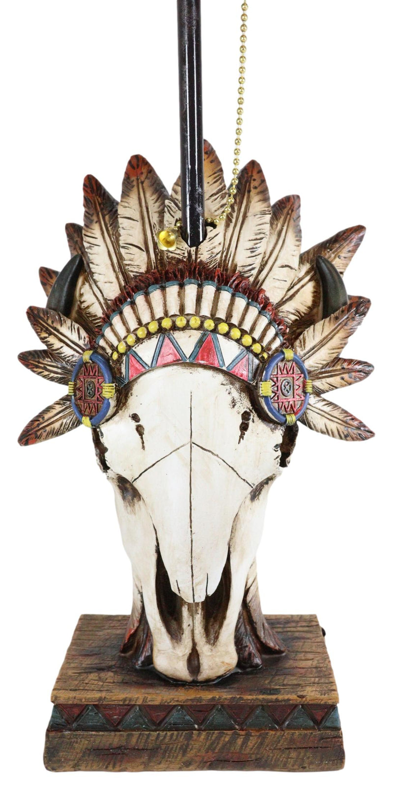 Western Cow Skull with Tribal Indian Chief Feathers Roach Headdress Table Lamp