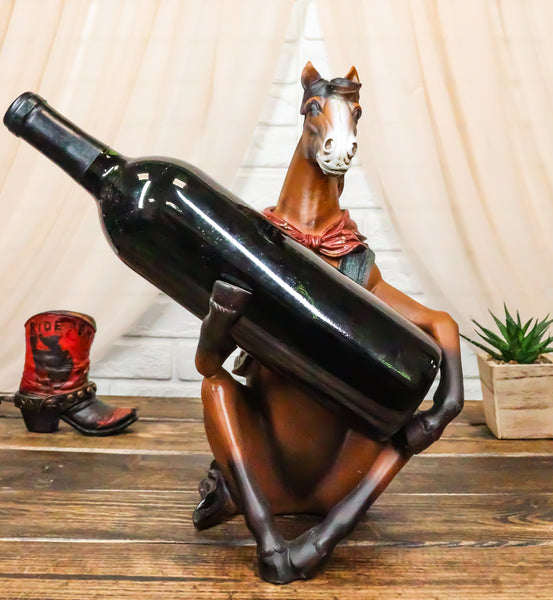 Wild West Western Cowboy Sitting Brown Horse with Red Scarf Wine