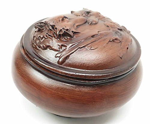 Ebros Faux Wood Resin Moon Lovers Wolf Couple Rounded Jewelry Trinket Box Figurine