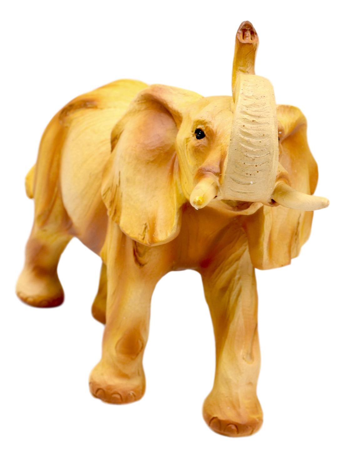 Safari Savannah Landscape Majestic Elephant With Trunk Up Faux Wood Figurine - Ebros Gift