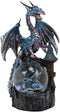 Metallic Blue Dragon On Cliff Rocks Castle With A Wyrmling Water Globe Statue