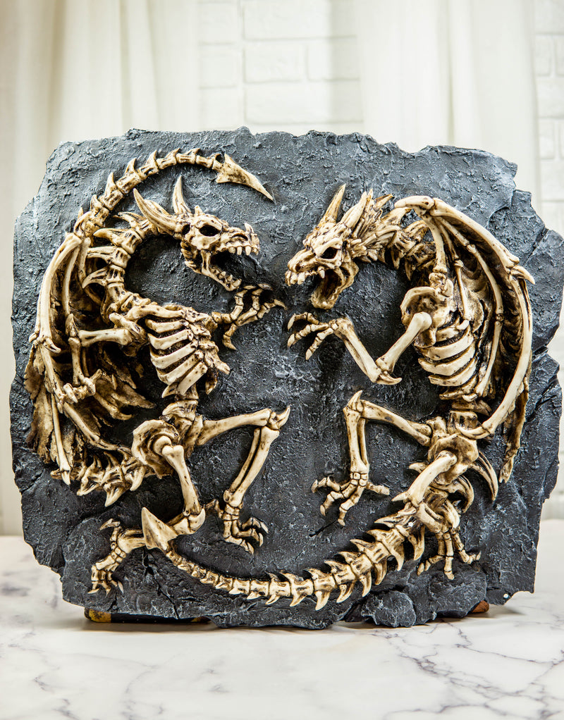 Faux Fossil Rock Block With 2 Dueling Skeleton Dragons Exotic Wall Decor Plaque