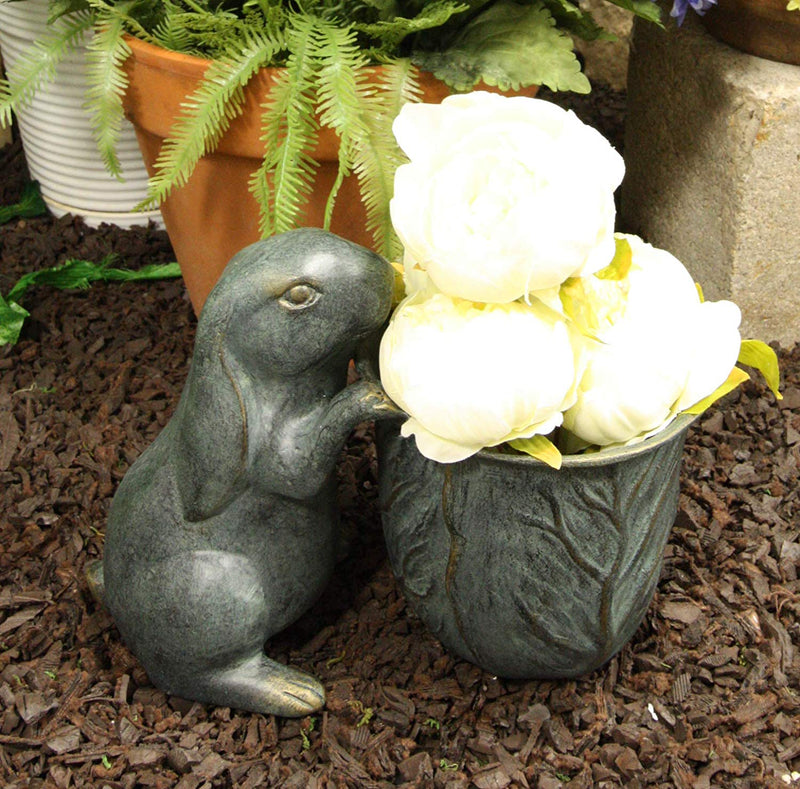Ebros Gift 11.25" Long Aluminum Rustic Whimsical Peeking Bunny Rabbit Flowers Or Plants Planter Pot Garden Statue Decorative Rabbits Accent Decor