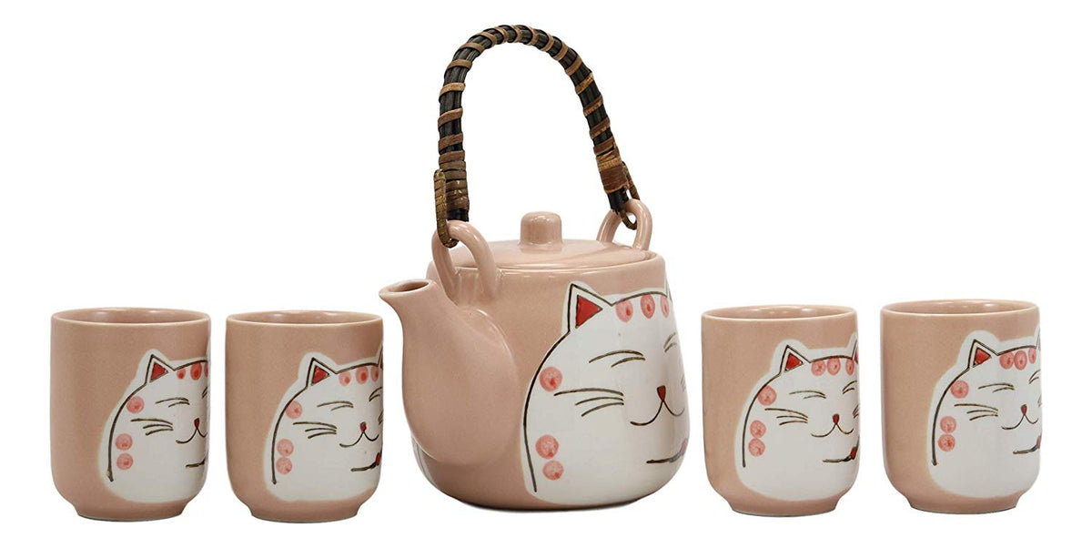 Maneki Neko Lucky Beckoning Cat Matte Pink 20oz Ceramic Tea Pot and Cups Set