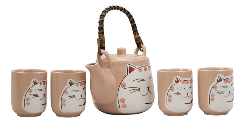 Maneki Neko Lucky Beckoning Cat Matte Pink 20oz Ceramic Tea Pot and Cups Set