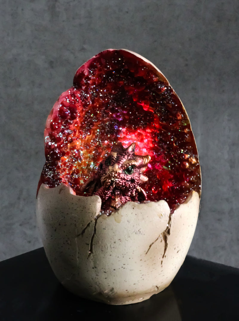 Ebros 5" Tall Red Hatchling Wyrmling Dragon in Crystal Quartz Geode Egg Figurine with Colorful LED Night Light