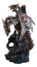 Ebros Gift 3 Headed Hydra Dragon Protecting Rune Crystal Decorative Figurine 9.75" Tall (Volcano Red and Silver Drake)