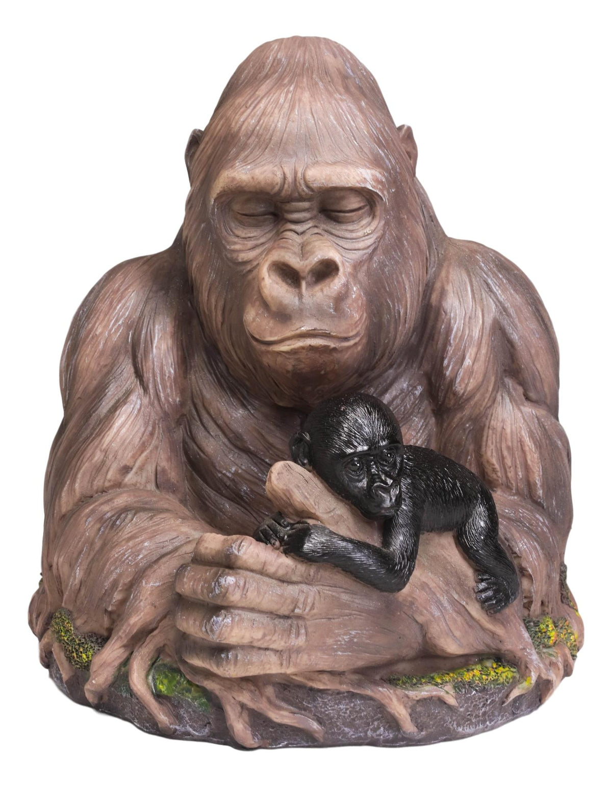 Tropical Rainforest Western Silverback Gorilla Cradling Baby Faux Wood Statue - Ebros Gift