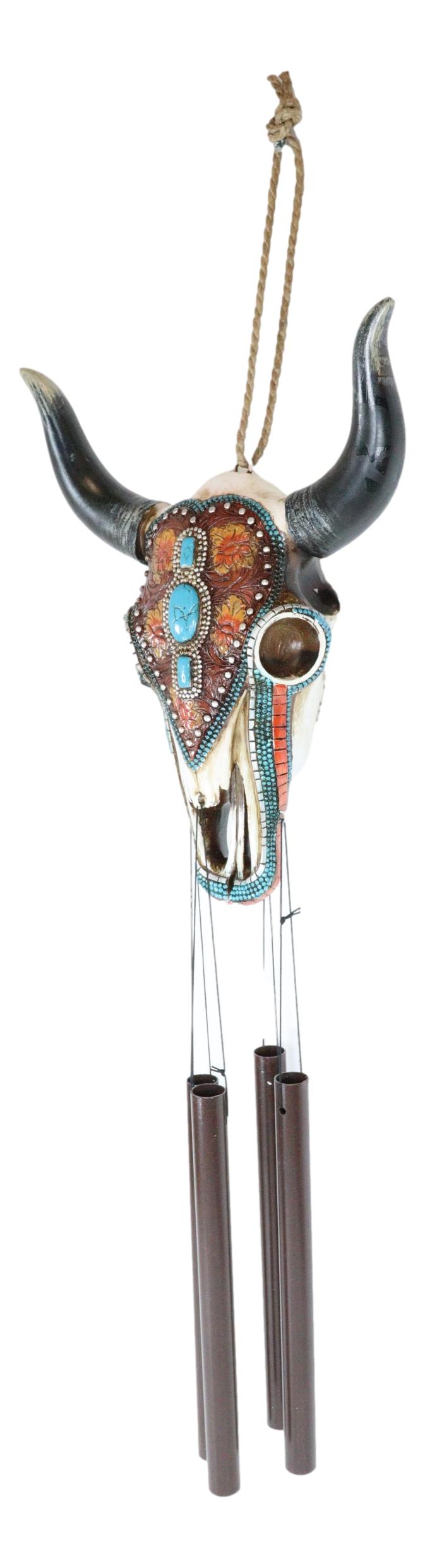 Set Of 2 Southwest Boho Chic Turquoise Ember Floral Scroll Cow Skull Wind Chimes