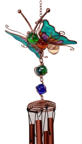 Ebros Gift Stained Glass Flitting Butterfly Copper Metal Wind Chime 28"Long Resonant Outdoor Patio Garden Decor Accessory