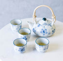 Blue Japanese Cherry Blossom Flowers Design Porcelain Tea Pot And 4 Cups Set