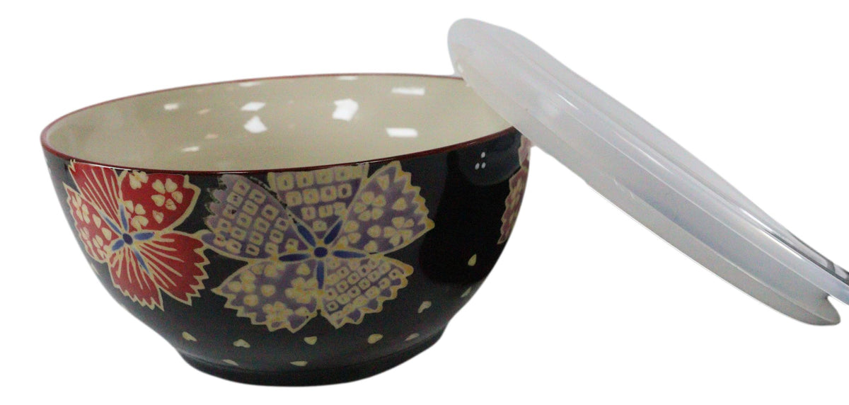Ebros Set of 2 Ceramic Midnight Floral Blossoms Portion Meal Bowls 3 Cups Airtight Lid