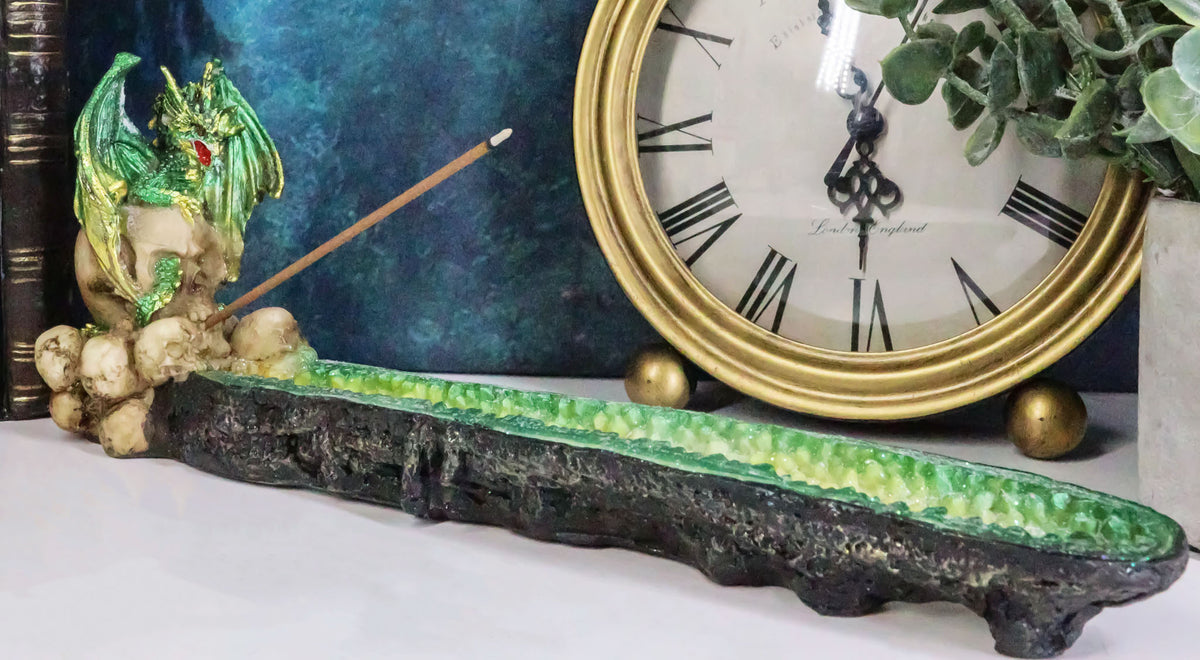 Ebros Green Dragon on Skull Stick Incense Burner 10.75" Length Functional Decor - Ebros Gift