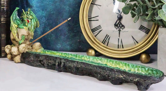 Ebros Green Dragon on Skull Stick Incense Burner 10.75" Length Functional Decor - Ebros Gift