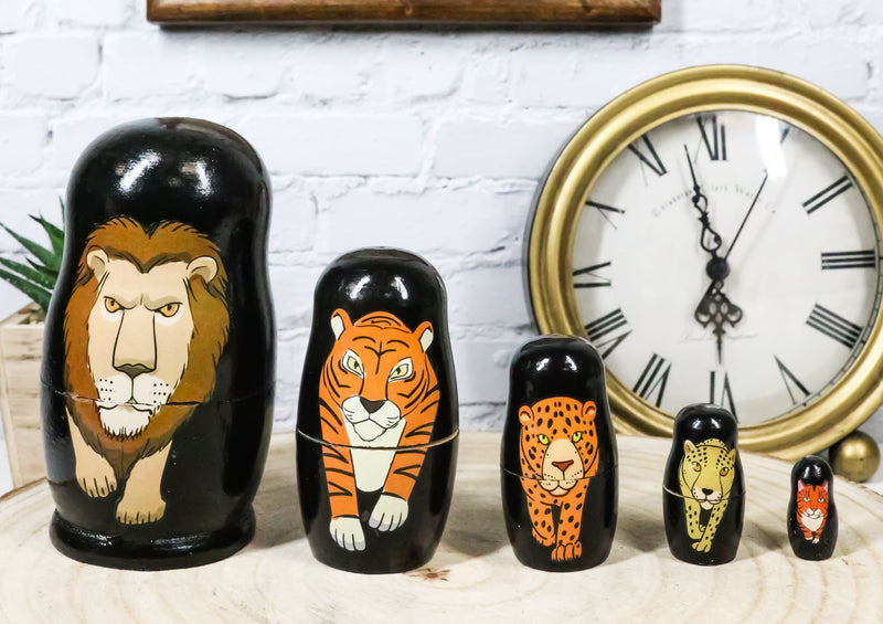Ebros Gift Black Safari Jungle Animals Cats Lion Tiger Cheetah Jaguar Tabby Cat Wooden Toy Stacking Nesting Dolls 5 Piece Set Hand Painted Wood Decorative Collectible Matryoshka Doll Toys