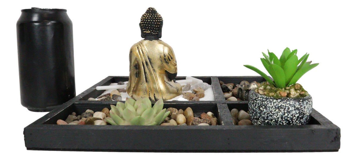 Meditating Buddha Zen Garden Kit With Lotus Candle Holders Sand Rake Succulents - Ebros Gift