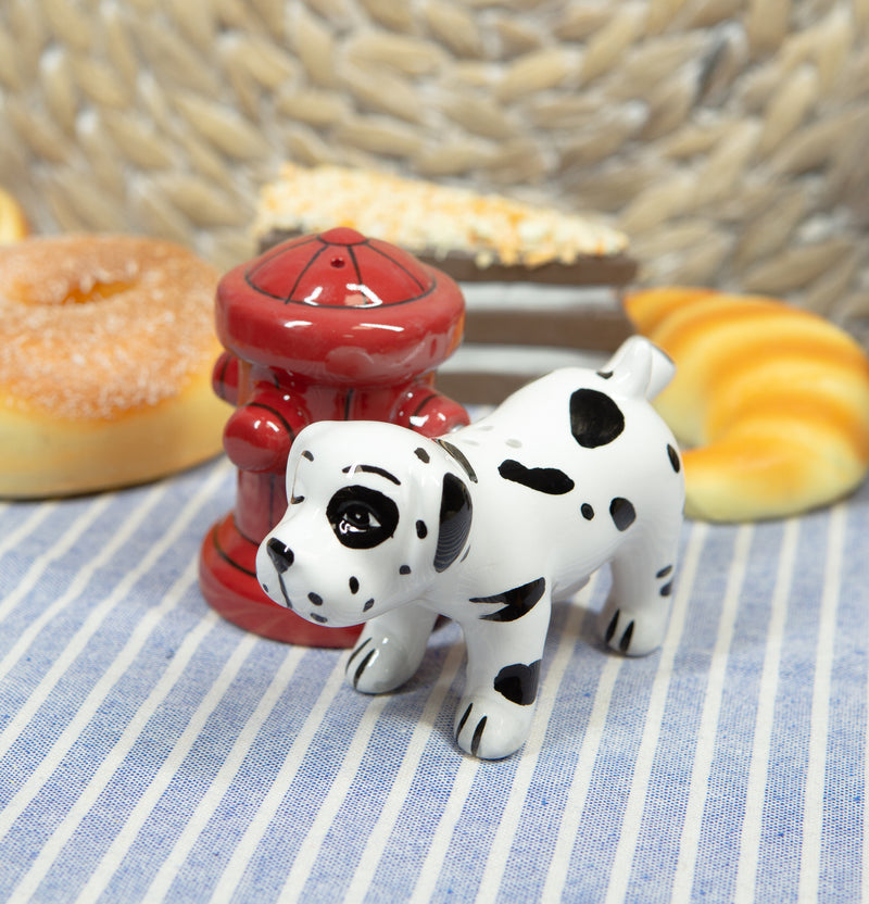 Ebros Peeing Dalmatian & Fire Hydrant Ceramic Salt Pepper Shaker Magnetic Set Figurine