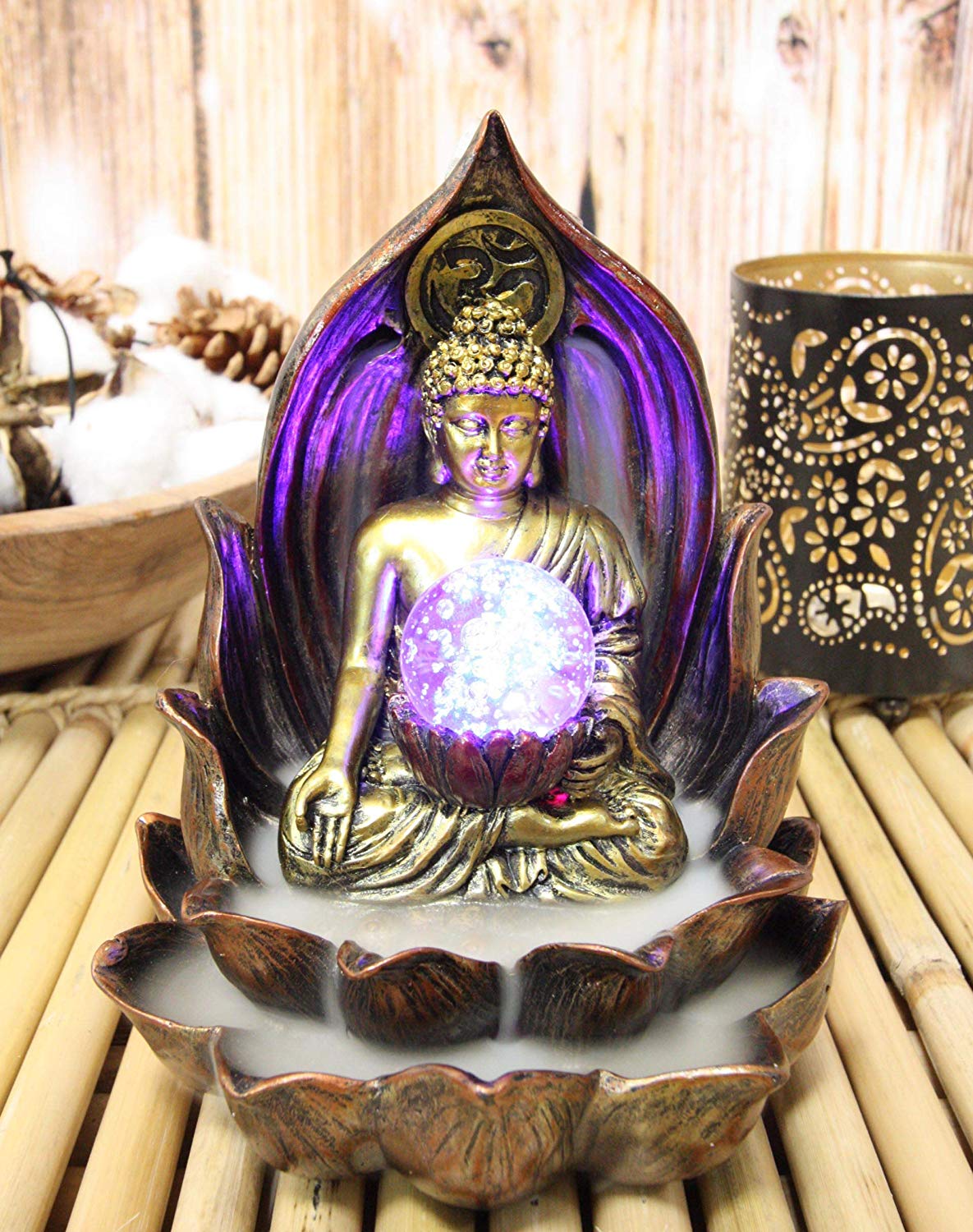 Ebros Meditating Buddha Amitabha Backflow Incense Burner With LED Globe Light - Ebros Gift