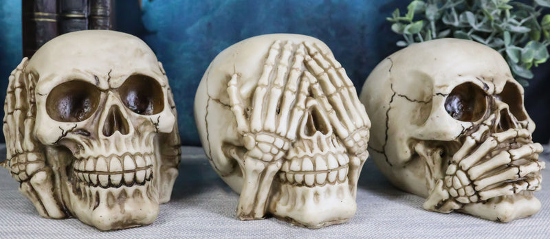 Graveyard Humor Gothic See Hear Speak No Evil Grinning Skulls Figurine Set Of 3