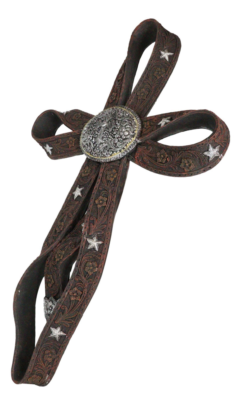 Rustic Western Cowboy Faux Tooled Leather Ribbon Belt Buckle Concho Wall Cross