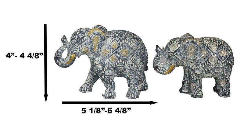 Ebros Silver and Gold Patterned Elephant Statue 5.25" Long Feng Shui Elephant Figurine Symbol of Wisdom Fortune and Protection (Mother and Calf Elephants Set)