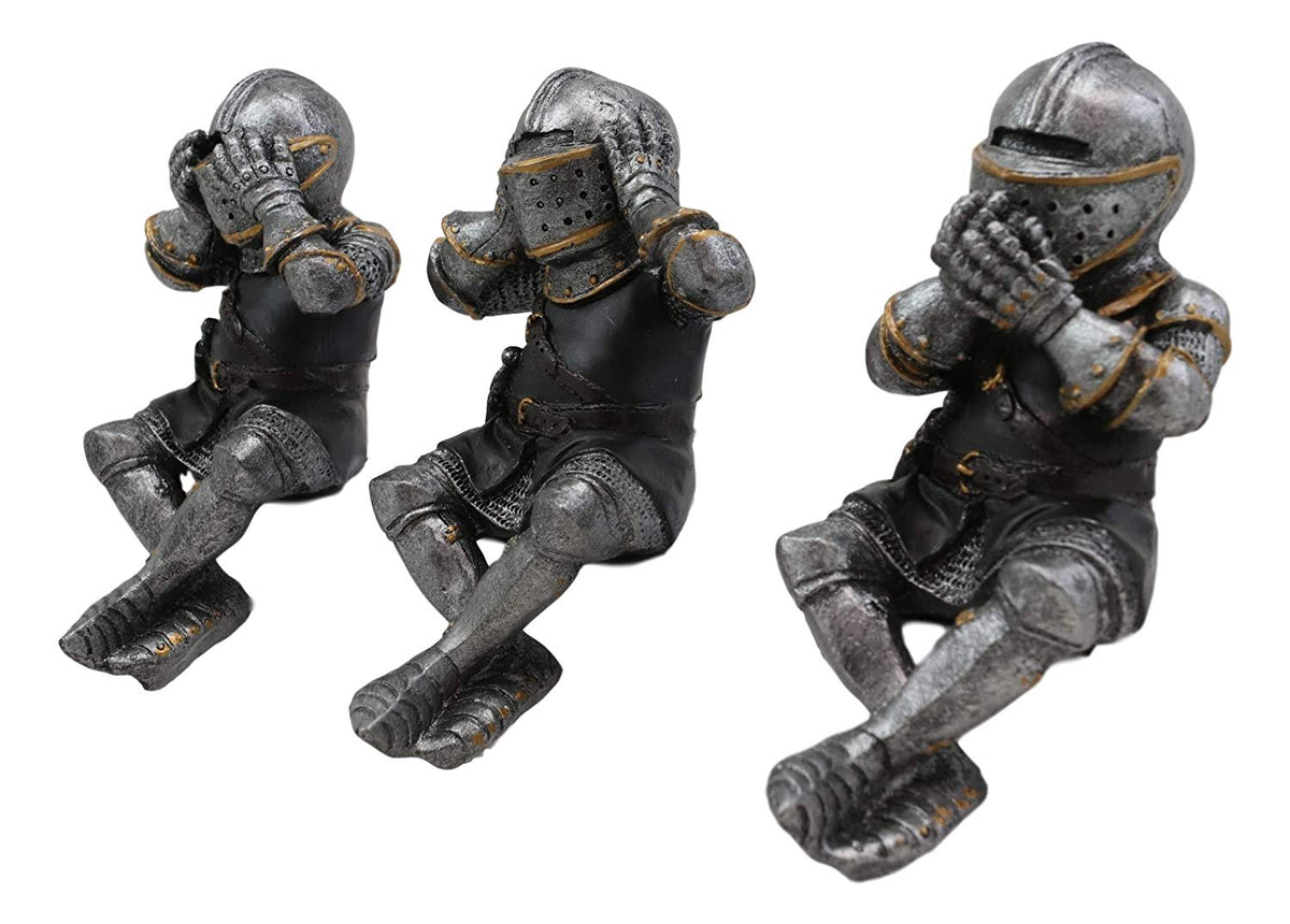 Ebros Gift Set of 3 Renaissance Medieval See Hear Speak No Evil Royal Knights with Black Tunic Ledge Or Shelf Sitters Figurine 4" Tall Suit of Armor Miniature Knights Decor - Ebros Gift