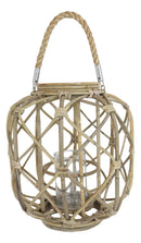 15"H Rustic Farmhouse Brown Woven Rattan Candle Lantern with Jute Rope Handle