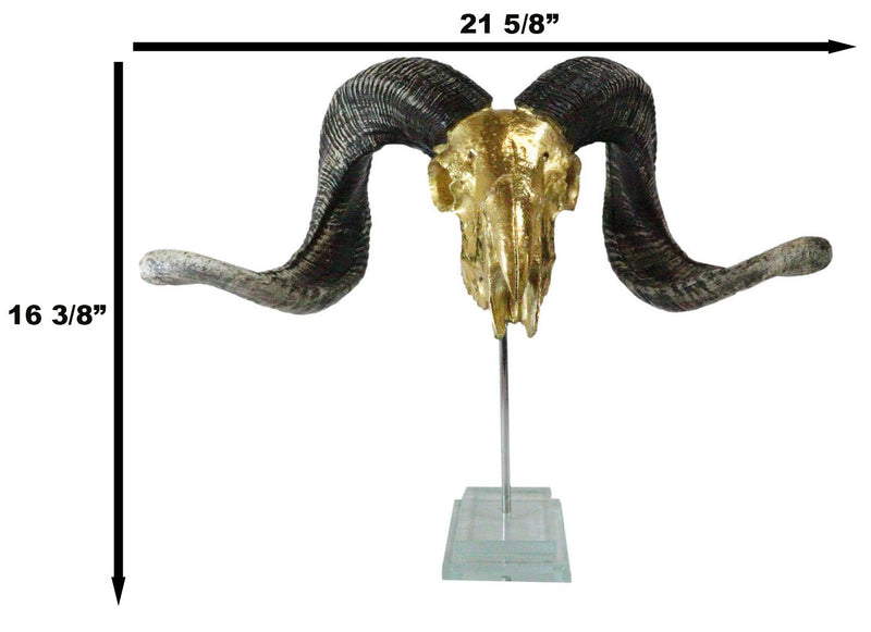 Electroplated Gold Realistic Bighorn Sheep Ram Skull Sculpture On Pole Stand