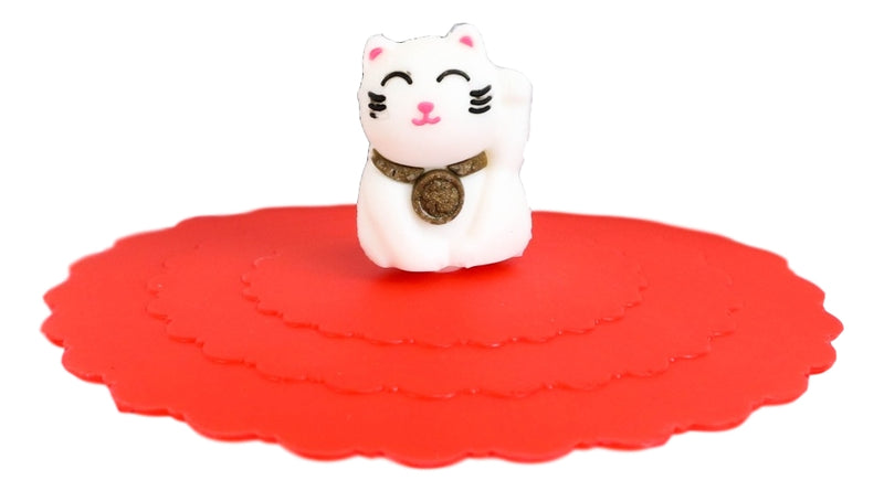 Set Of 4 Red Maneki Neko Cat Reusable Silicone Coffee Cup Cover Lids Air Tight