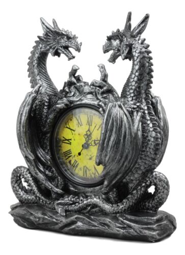 Gothic Twin Dragons Table Clock Statue With Roman Numerals In Metallic Look 11"H