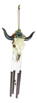 Southwest Rustic White Faux Wood Cow Skull With Floral Succulents Wind Chime