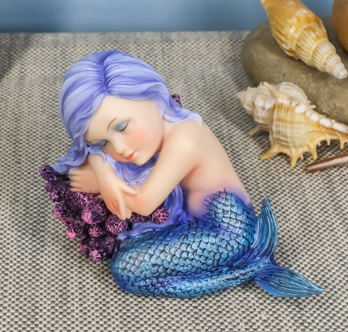 Under The Sea Blue Child Mermaid Sleeping On Coral Bed Statue Mergirl Figurine