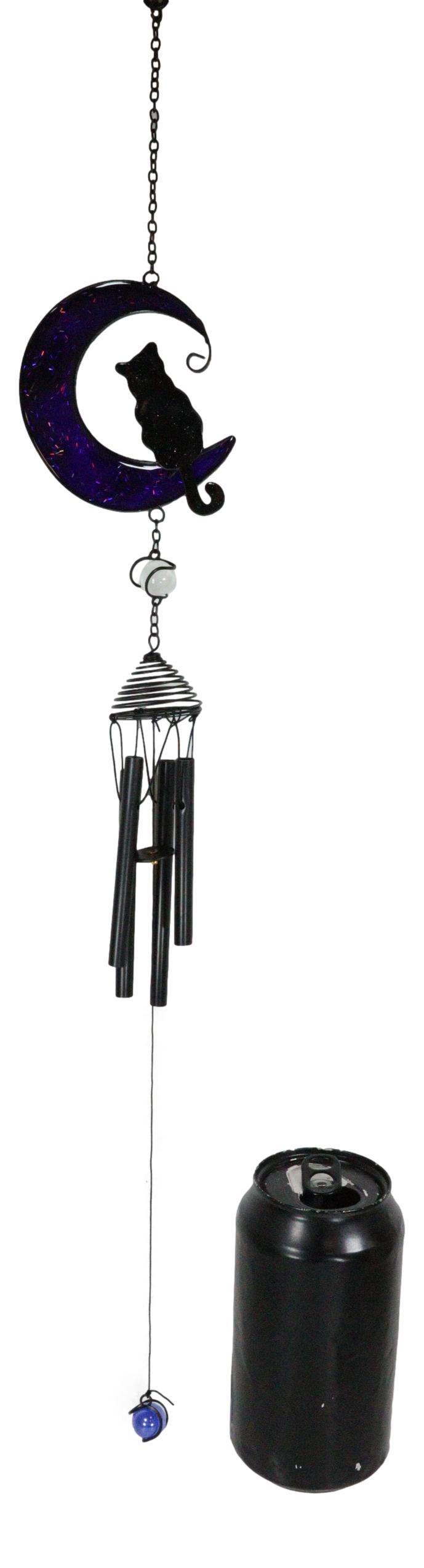 Witchcraft Black Cat On Purple Crescent Moon Stained Glass Wind Chime Suncatcher