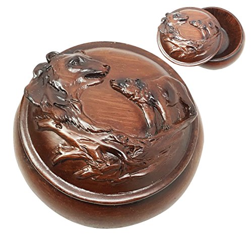 Brown Grizzly Bear Couple Faux Wood Resin Round Jewelry Box Figurine Collectible