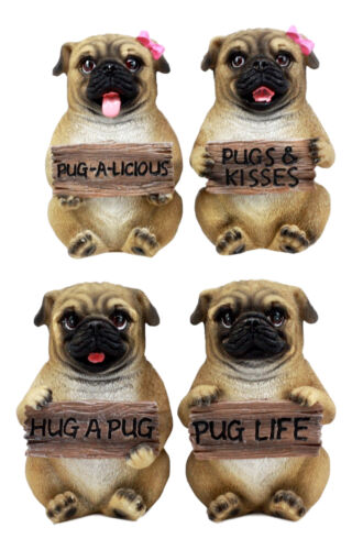 Ebros Pug Life Adorable Chubby Pugs Holding Signs Figurine Set 4"H Sitting Pugs