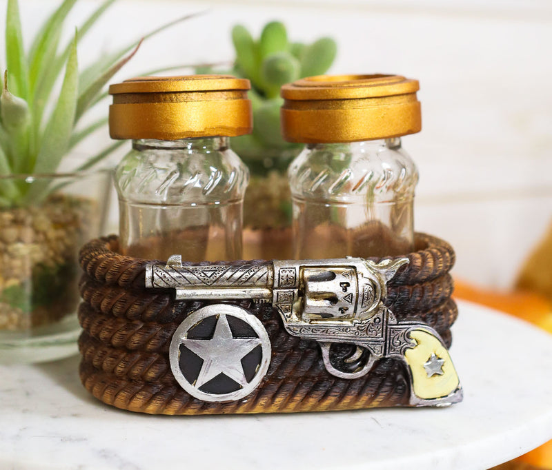 Ebros Cowboy Revolver Six Shooter Pistol Western Star & Ropes Salt Pepper Shakers Set