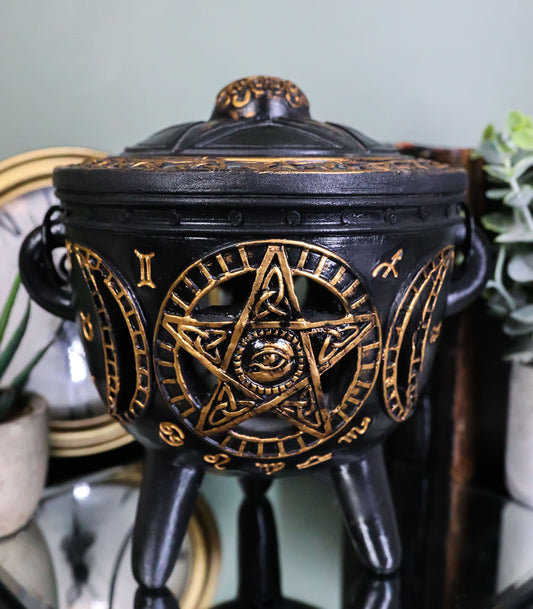 Celtic Wicca Black Magic Occult All Seeing Eye Pentagram LED Cauldron Figurine