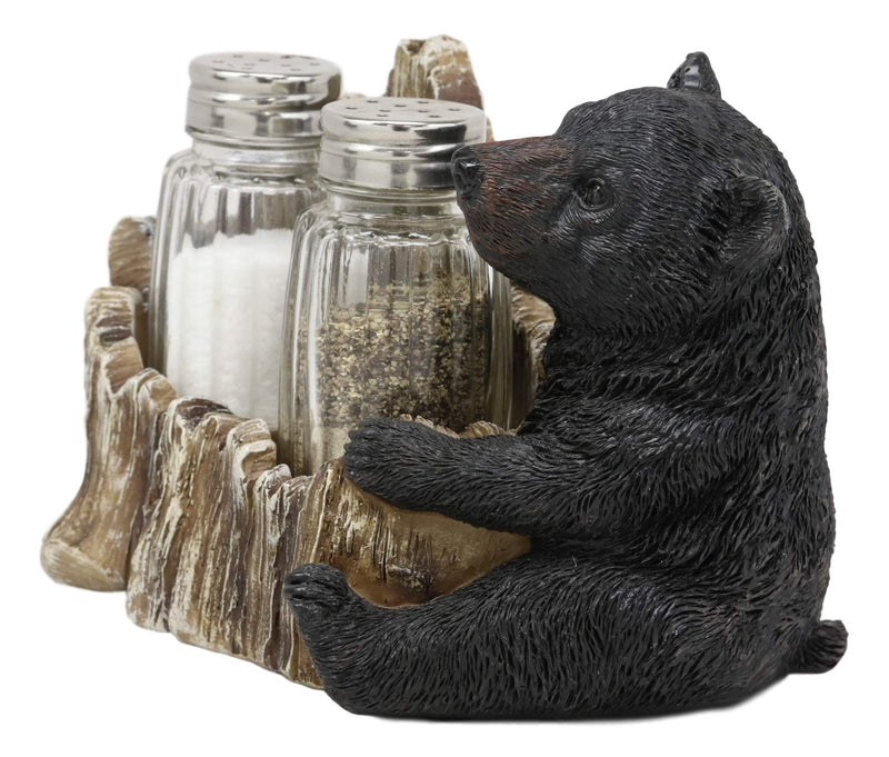 Ebros Rustic Woodland Black Bear Cub Hugging Tree Stump Figurine Display Holder With Glass Salt And Pepper Shakers Bears Home Kitchen Dining Decorative Statue 6.25" L Cabin Lodge Mountainside Decor