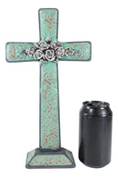 Rustic Western Turquoise Floral Scroll With Silver Roses Standing Cross Statue