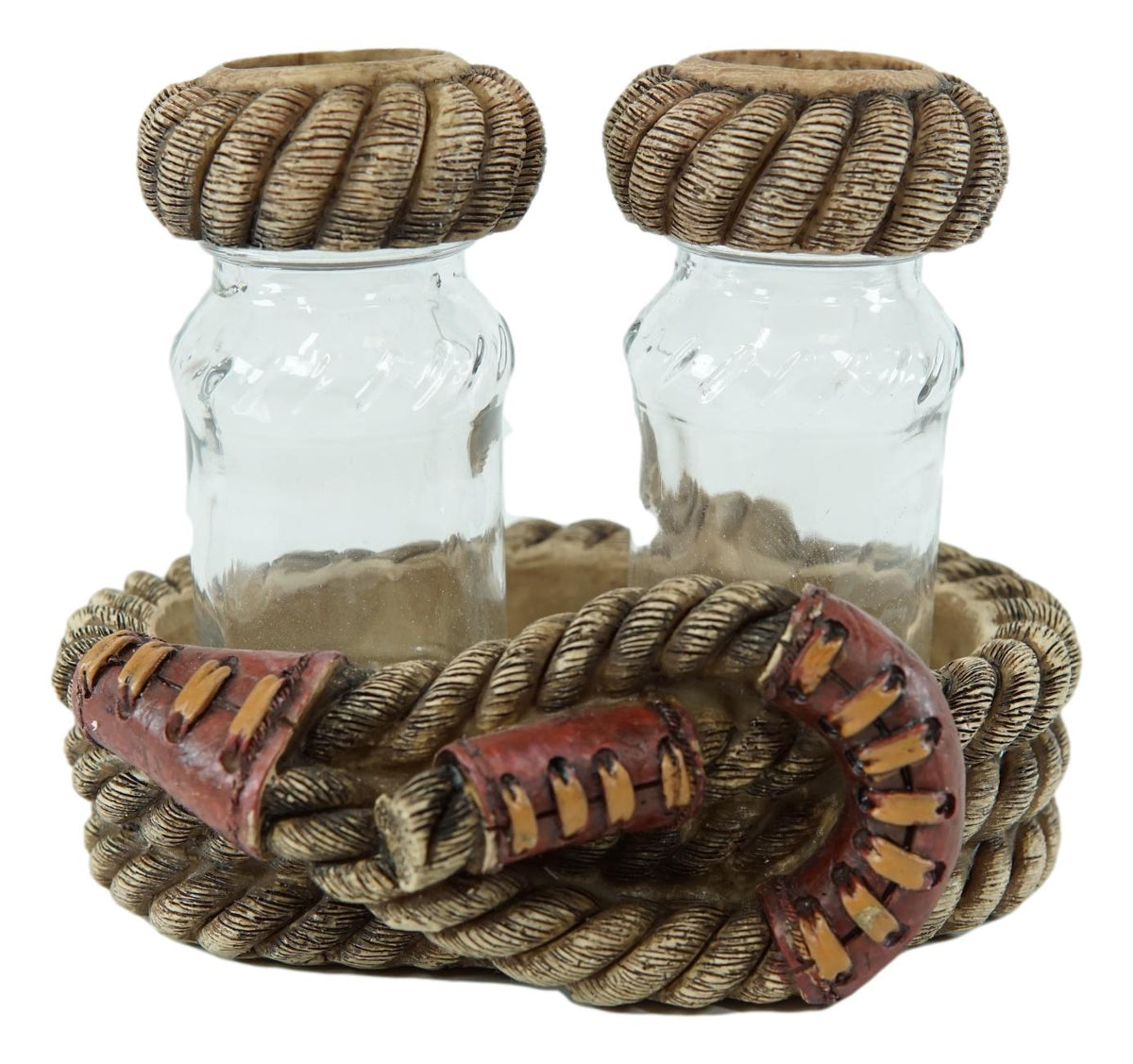 Rustic Western Cowboy Braided Lasso Ropes Salt And Pepper Shakers With Holder Set