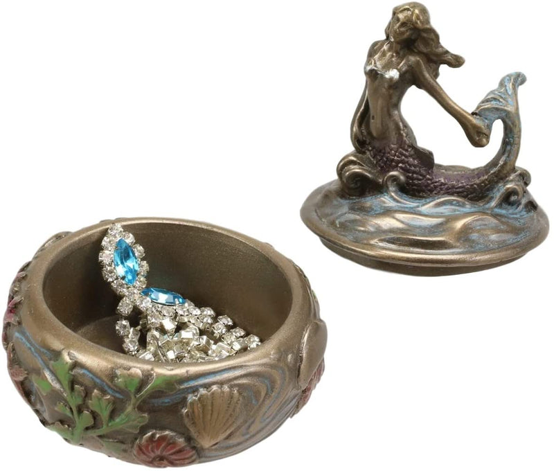 Ebros Bronzed Resin Mermaid Sitting Above Ocean Waves Small Round Trinket Box