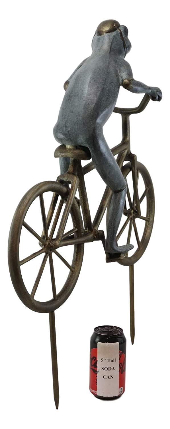 Ebros Gift 26.75" Tall Aluminum Metal Whimsical The Expedition Bicycling Frog with Helmet Garden Stake Statue Frogs Patio Pool Pond Lawn Yard Decorative Sculpture Feng Shui Zen Accent - Ebros Gift