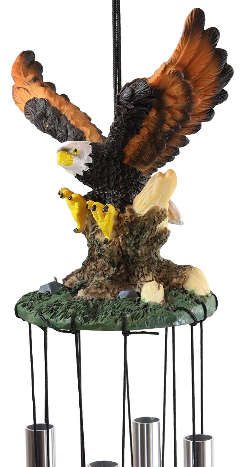 Ebros Gift Colorful American Bald Eagle Spreading Out Its Wings Resonant Relaxing Wind Chime Patio Garden Decor Wild Birds of Prey Eagles Swooping Resin Sculpture with Aluminum Rods - Ebros Gift