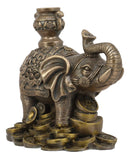 Ebros Feng Shui Auspicious Elephant With Trunk Up Standing On Gold Ingot Coins Statue