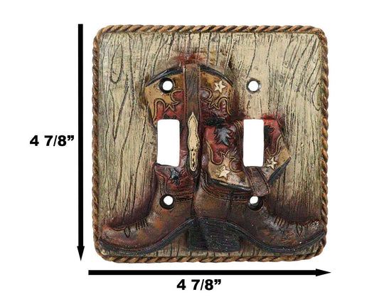 Set of 2 Rustic Western Cowboy Boots Faux Wood Wall Double Toggle Switch Plates
